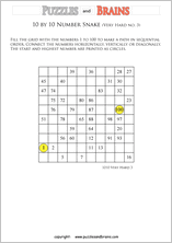 printable very difficult 10 by 10 Hidato Number Snake puzzles for young and old