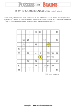 printable very difficult 10 by 10 Hidato Number Snake puzzles for young and old