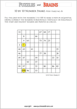 printable very difficult 10 by 10 Hidato Number Snake puzzles for young and old