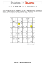 printable very difficult 10 by 10 Hidato Number Snake puzzles for young and old