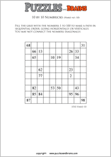 printable 10 by 10 difficult level Numbrix logic IQ puzzles