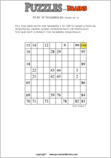 printable 10 by 10 difficult level Numbrix logic IQ puzzles