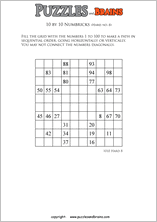 printable 10 by 10 difficult level Numbrix logic IQ puzzles