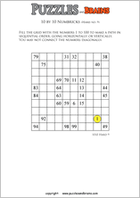 printable 10 by 10 difficult level Numbrix logic IQ puzzles