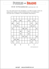 printable 10 by 10 medium level Numbrix logic IQ puzzles