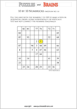 printable 10 by 10 medium level Numbrix logic IQ puzzles