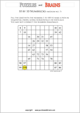 printable 10 by 10 medium level Numbrix logic IQ puzzles