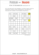 printable 10 by 10 medium level Numbrix logic IQ puzzles