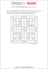 printable 10 by 10 medium level Numbrix logic IQ puzzles