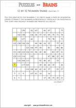 printable easier 12 by 12 Hidato Number Snake puzzles for young and old