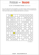 printable easier 12 by 12 Hidato Number Snake puzzles for young and old