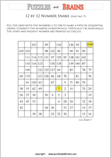 printable easier 12 by 12 Hidato Number Snake puzzles for young and old