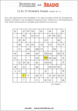 printable difficult 12 by 12 Hidato Number Snake puzzles for young and old