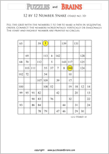 printable difficult 12 by 12 Hidato Number Snake puzzles for young and old