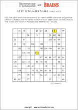 printable difficult 12 by 12 Hidato Number Snake puzzles for young and old