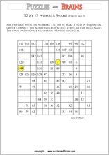 printable difficult 12 by 12 Hidato Number Snake puzzles for young and old