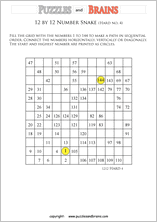 printable difficult 12 by 12 Hidato Number Snake puzzles for young and old