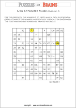 printable difficult 12 by 12 Hidato Number Snake puzzles for young and old