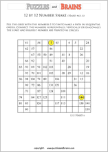 printable difficult 12 by 12 Hidato Number Snake puzzles for young and old