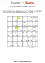 printable difficult 12 by 12 Hidato Number Snake puzzles for young and old