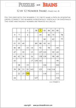 printable difficult 12 by 12 Hidato Number Snake puzzles for young and old