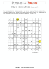 printable difficult 12 by 12 Hidato Number Snake puzzles for young and old