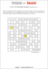 printable medium 12 by 12 Hidato Number Snake puzzles for young and old