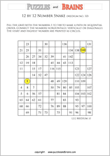 printable medium 12 by 12 Hidato Number Snake puzzles for young and old