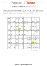 printable medium 12 by 12 Hidato Number Snake puzzles for young and old