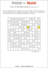 printable medium 12 by 12 Hidato Number Snake puzzles for young and old