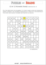 printable medium 12 by 12 Hidato Number Snake puzzles for young and old