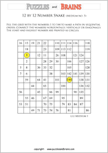 printable medium 12 by 12 Hidato Number Snake puzzles for young and old