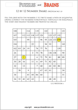 printable medium 12 by 12 Hidato Number Snake puzzles for young and old