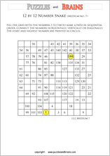 printable medium 12 by 12 Hidato Number Snake puzzles for young and old