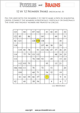 printable medium 12 by 12 Hidato Number Snake puzzles for young and old