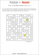 printable medium 12 by 12 Hidato Number Snake puzzles for young and old