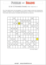 printable very difficult 12 by 12 Hidato Number Snake puzzles for young and old