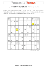 printable very difficult 12 by 12 Hidato Number Snake puzzles for young and old