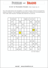 printable very difficult 12 by 12 Hidato Number Snake puzzles for young and old