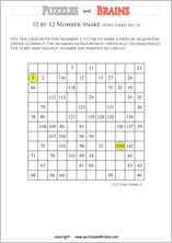 printable very difficult 12 by 12 Hidato Number Snake puzzles for young and old