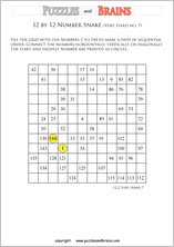 printable very difficult 12 by 12 Hidato Number Snake puzzles for young and old