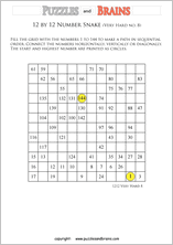 printable very difficult 12 by 12 Hidato Number Snake puzzles for young and old