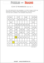 printable easier 12 by 12 Numbrix Number Snake puzzles for young and old