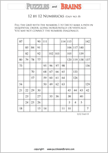 printable easier 12 by 12 Numbrix Number Snake puzzles for young and old