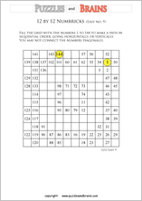 printable easier 12 by 12 Numbrix Number Snake puzzles for young and old