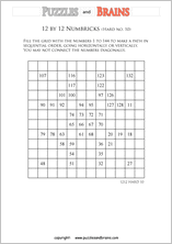 printable 12 by 12 difficult level Numbrix logic IQ puzzles