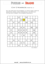 printable 12 by 12 difficult level Numbrix logic IQ puzzles