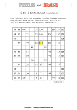 printable 12 by 12 difficult level Numbrix logic IQ puzzles