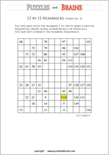 printable 12 by 12 difficult level Numbrix logic IQ puzzles