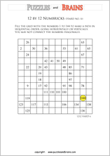 printable 12 by 12 difficult level Numbrix logic IQ puzzles